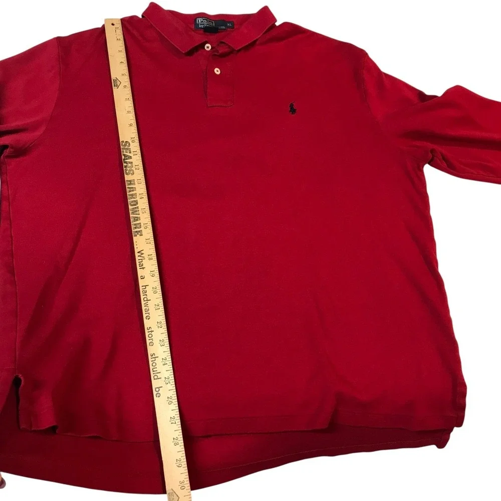 Polo Ralph Lauren Mens XL Red Long Sleeve Pique Polo Shirt Navy Blue‎ Pony Logo